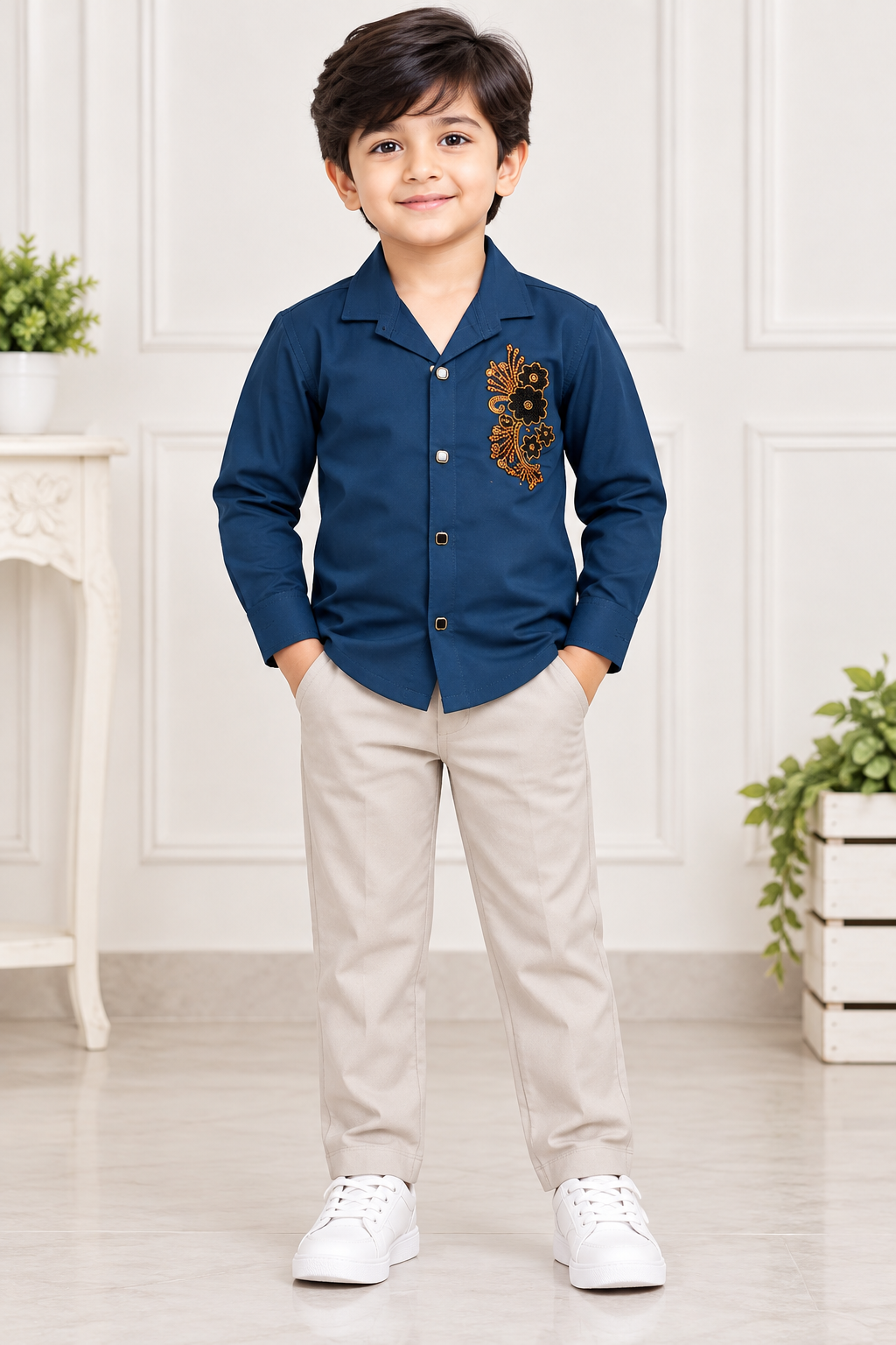 Boys Navy Blue Embellished Full Sleeve Shirt & Light Grey Pant Set
