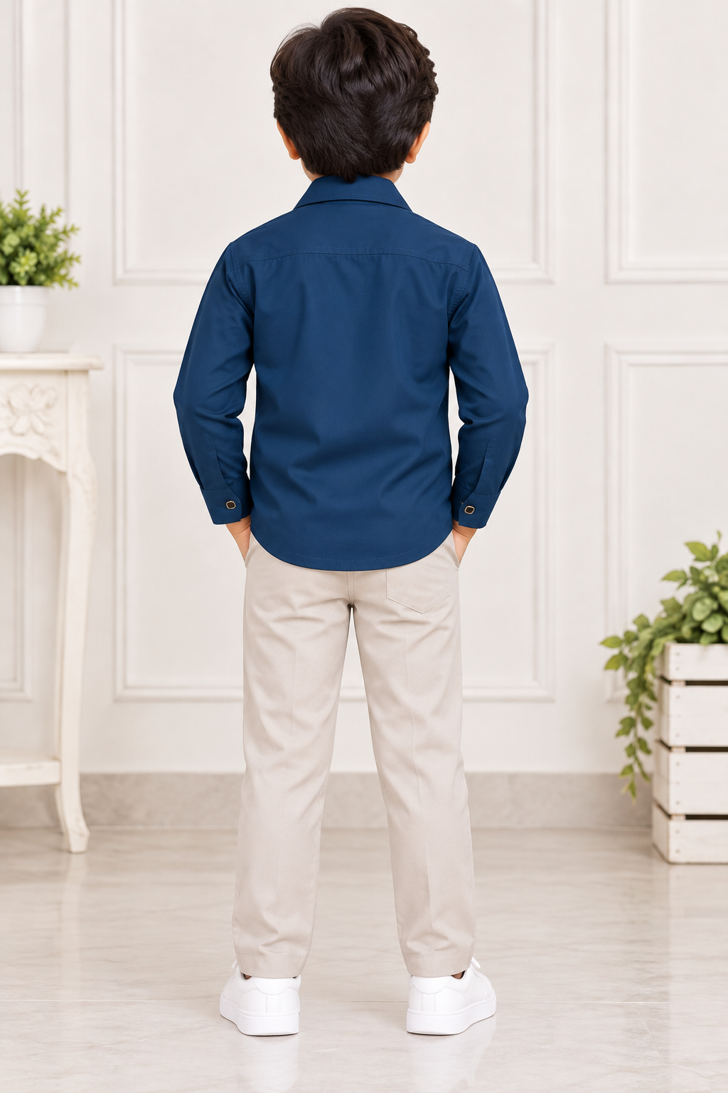 Boys Navy Blue Embellished Full Sleeve Shirt & Light Grey Pant Set