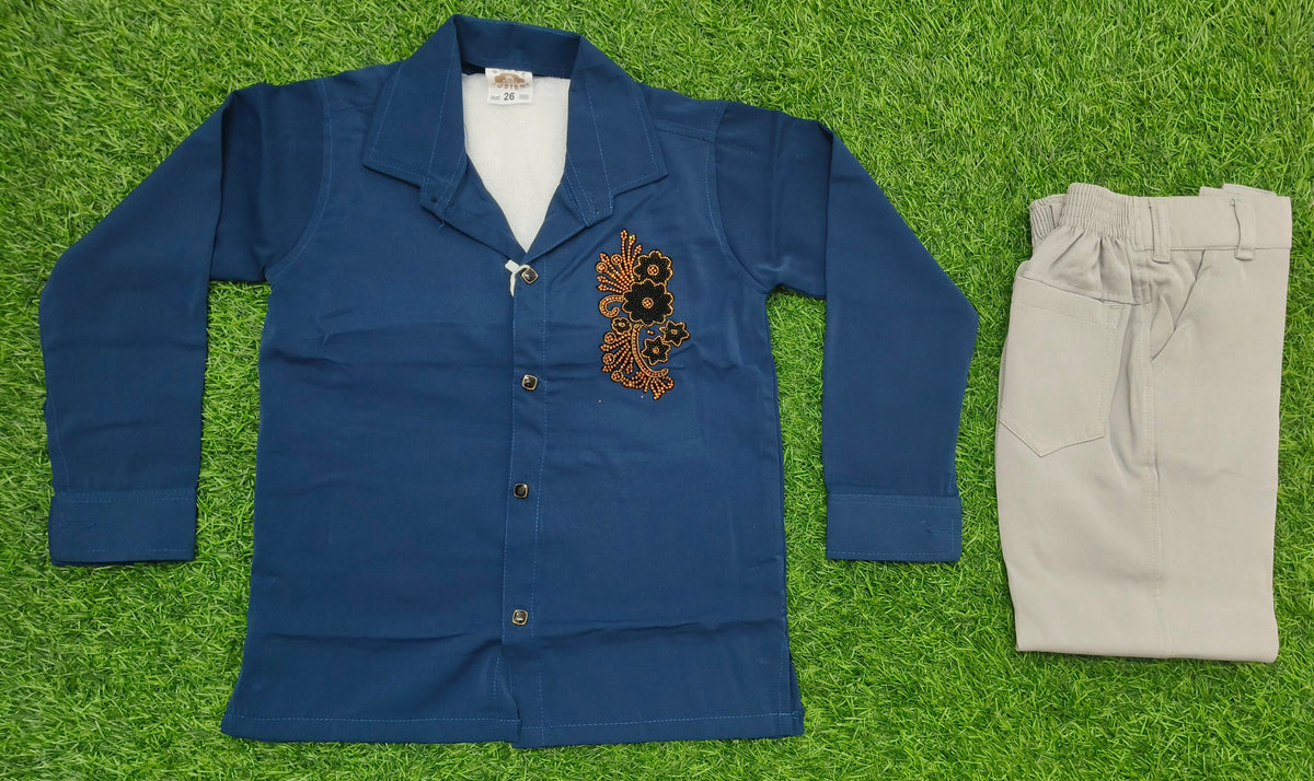 Boys Navy Blue Embellished Full Sleeve Shirt & Light Grey Pant Set