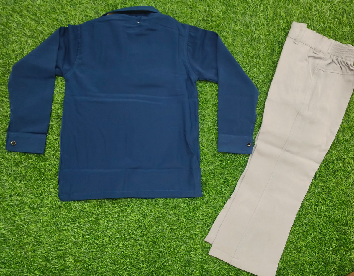 Boys Navy Blue Embellished Full Sleeve Shirt & Light Grey Pant Set