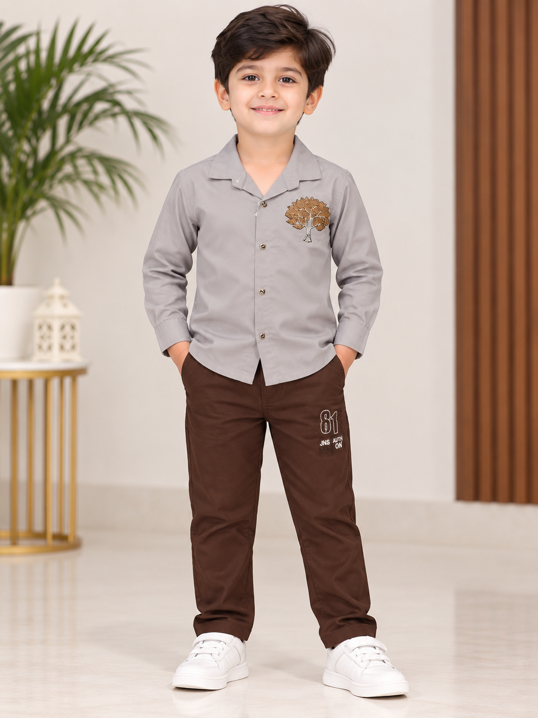 Boys Grey Full Sleeve Embellished Shirt & Chocolate Brown Pant Set