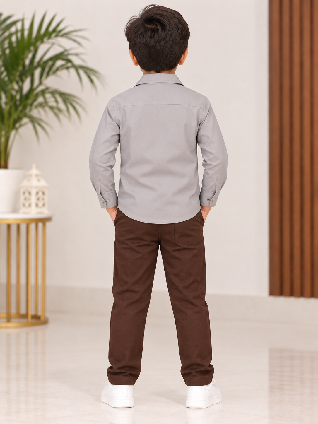 Boys Grey Full Sleeve Embellished Shirt & Chocolate Brown Pant Set