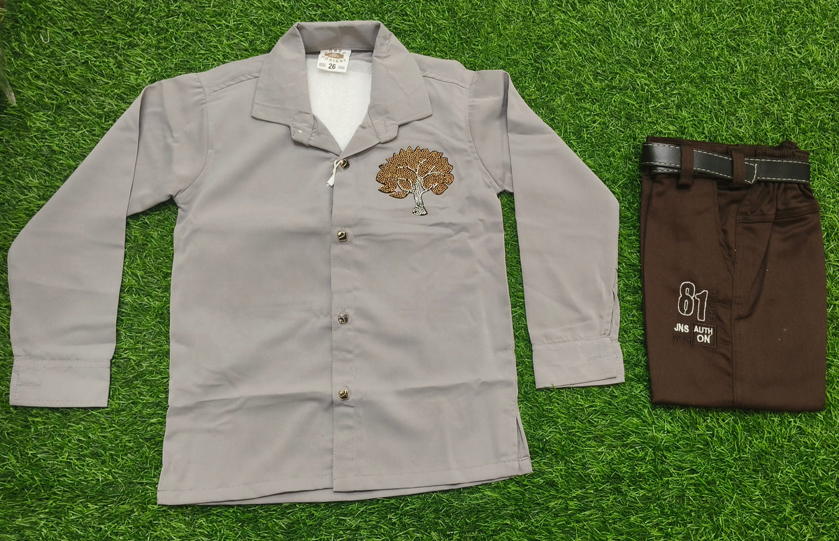 Boys Grey Full Sleeve Embellished Shirt & Chocolate Brown Pant Set