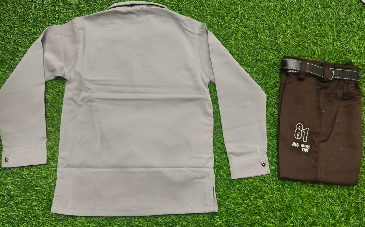 Boys Grey Full Sleeve Embellished Shirt & Chocolate Brown Pant Set
