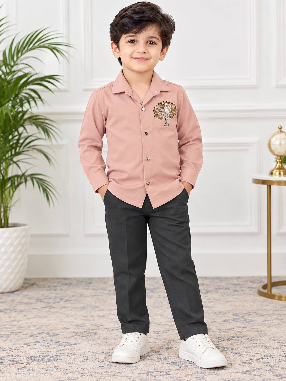 Boys Pink Full Sleeve Shirt & Black Pant Party Wear Set