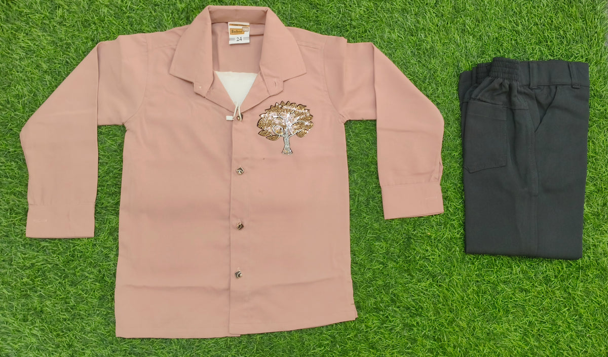 Boys Pink Full Sleeve Shirt & Black Pant Party Wear Set