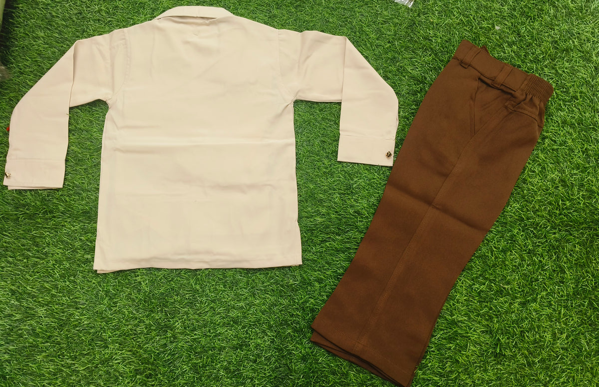 Boys Cream Embellished Full Sleeve Shirt & Chocolate Brown Pant Party Wear Set