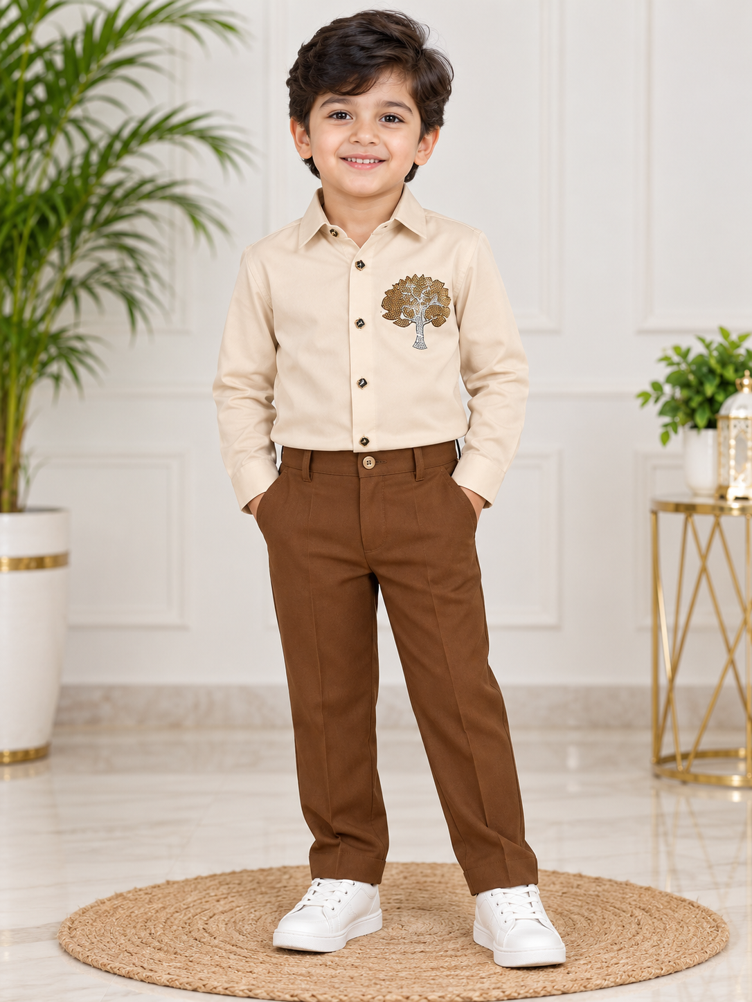 Boys Cream Embellished Full Sleeve Shirt & Chocolate Brown Pant Party Wear Set