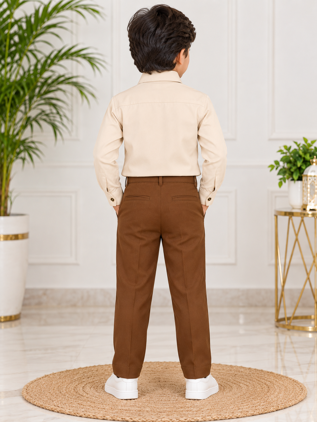 Boys Cream Embellished Full Sleeve Shirt & Chocolate Brown Pant Party Wear Set