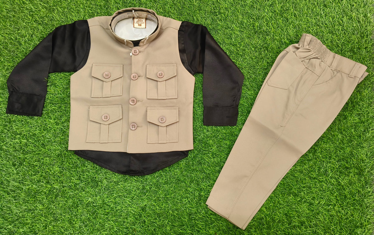 Boys Black and Khaki Brown Cargo Coat and Pant Set