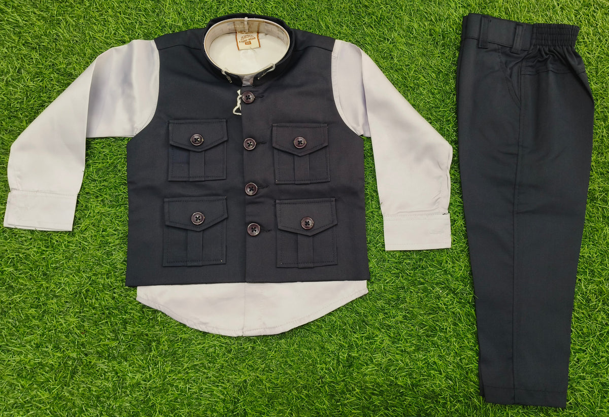 Boys Navy Blue and Grey Cargo Coat and Pant Set
