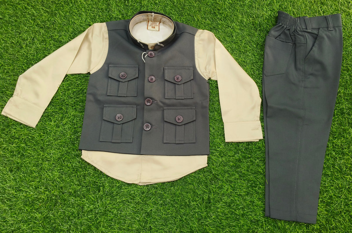 Boys Dark Grey and Beige Cargo Coat and Pant Set
