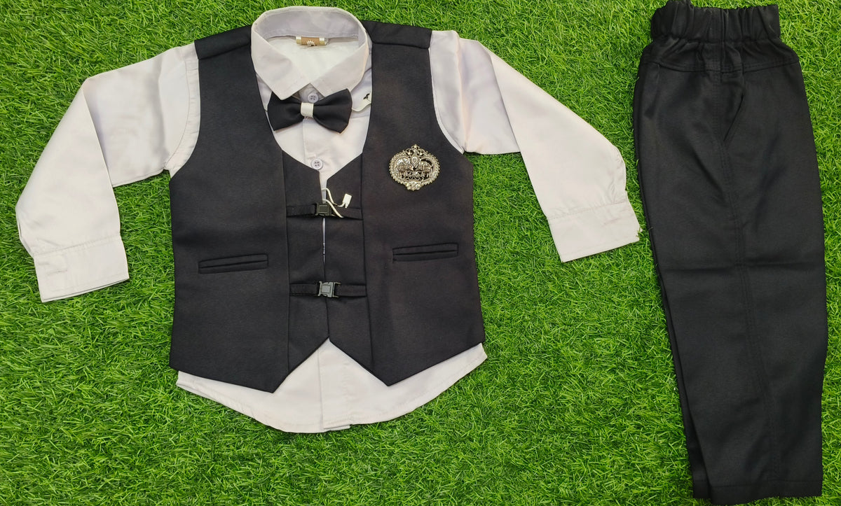 Boys Navy Blue and Light Grey Waistcoat, Shirt, Bowtie, and Pant Set
