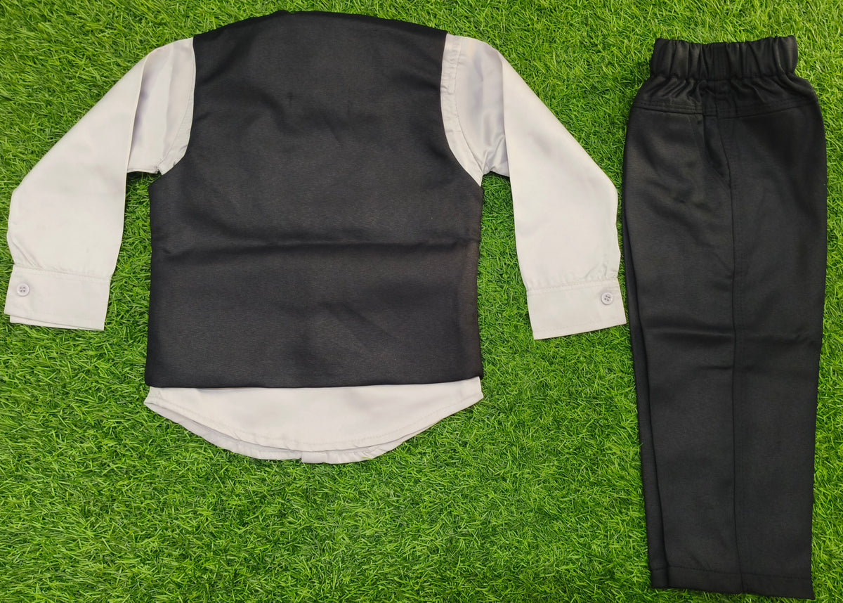 Boys Navy Blue and Light Grey Waistcoat, Shirt, Bowtie, and Pant Set