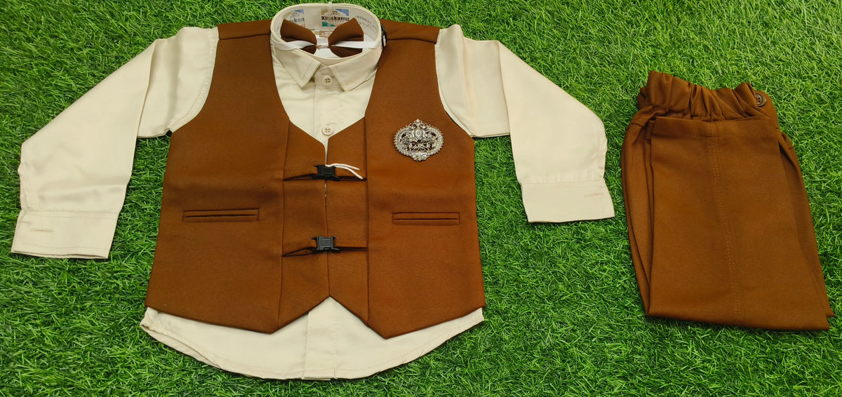 Boys Dark Coffee Brown and Beige Waistcoat, Shirt, Bowtie, and Pant Set