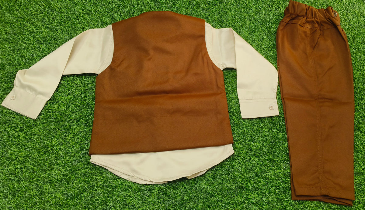 Boys Dark Coffee Brown and Beige Waistcoat, Shirt, Bowtie, and Pant Set