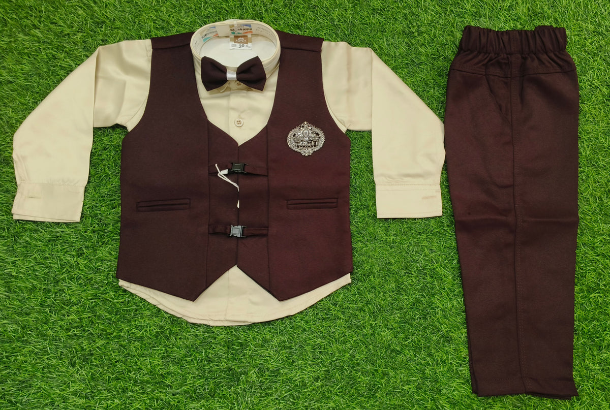 Boys Maroon and Beige Waistcoat, Shirt, Bowtie, and Pant Set