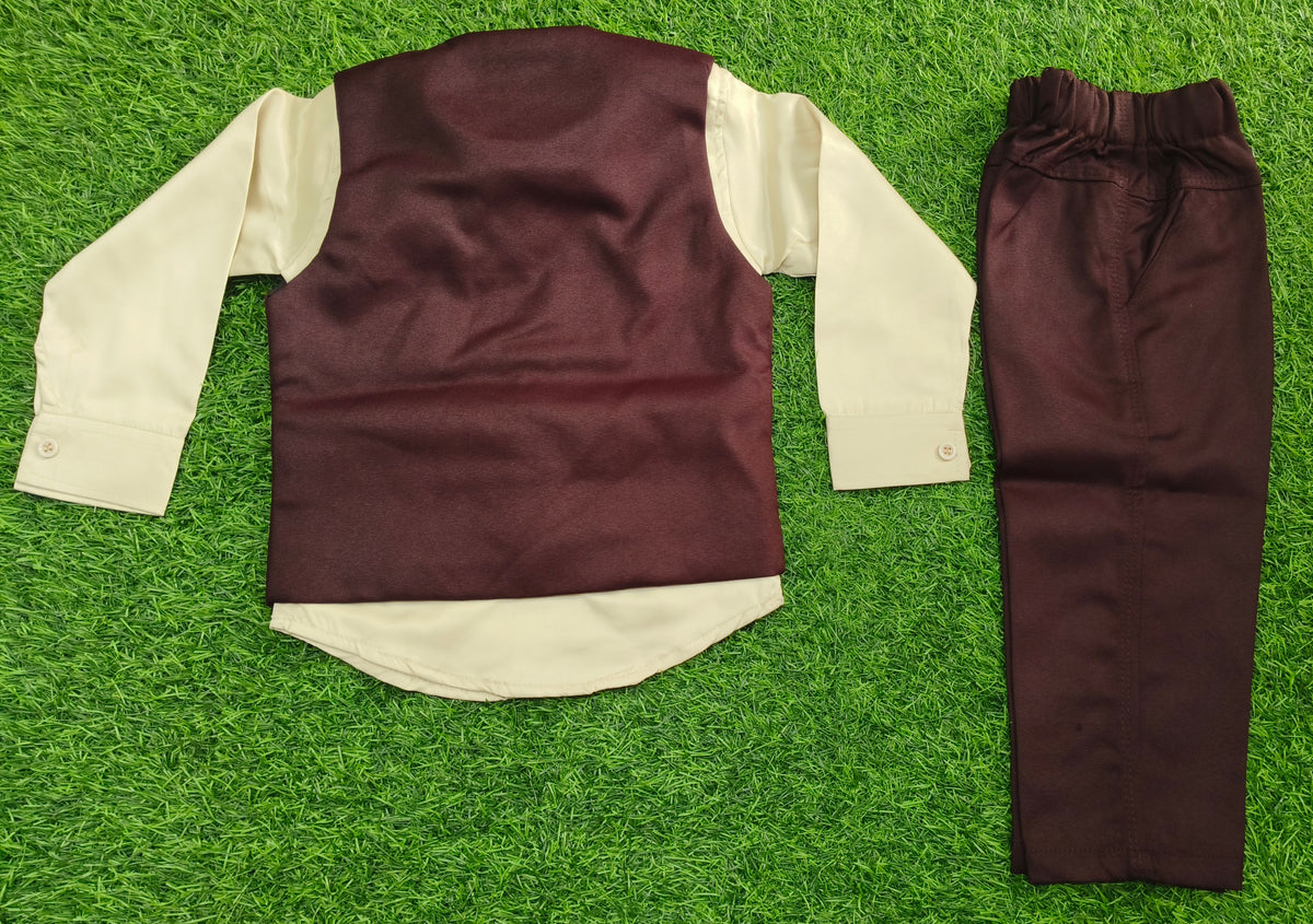 Boys Maroon and Beige Waistcoat, Shirt, Bowtie, and Pant Set