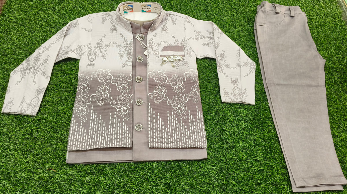 Boys Off-White Coat and Grey Pant Set