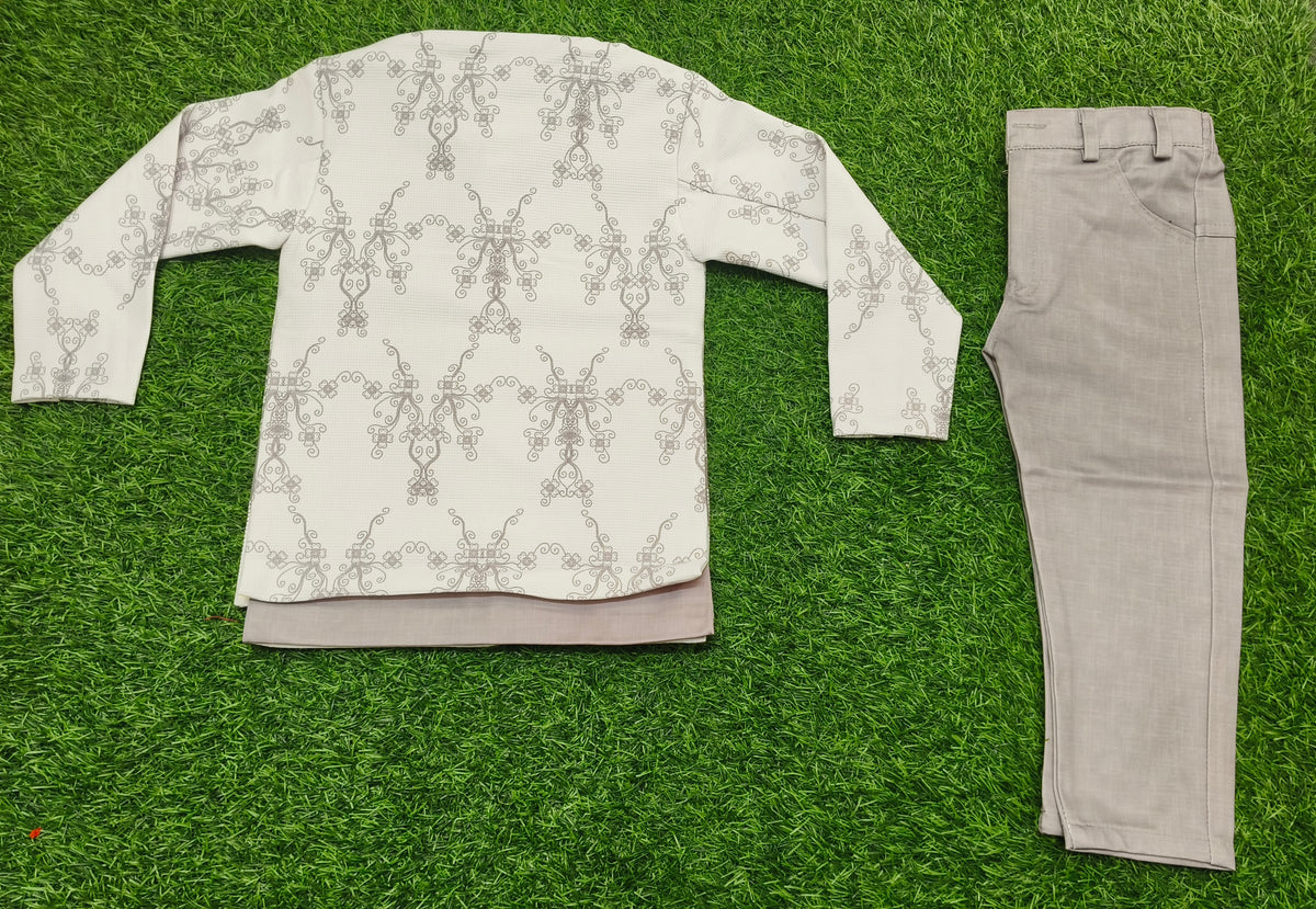 Boys Off-White Coat and Grey Pant Set