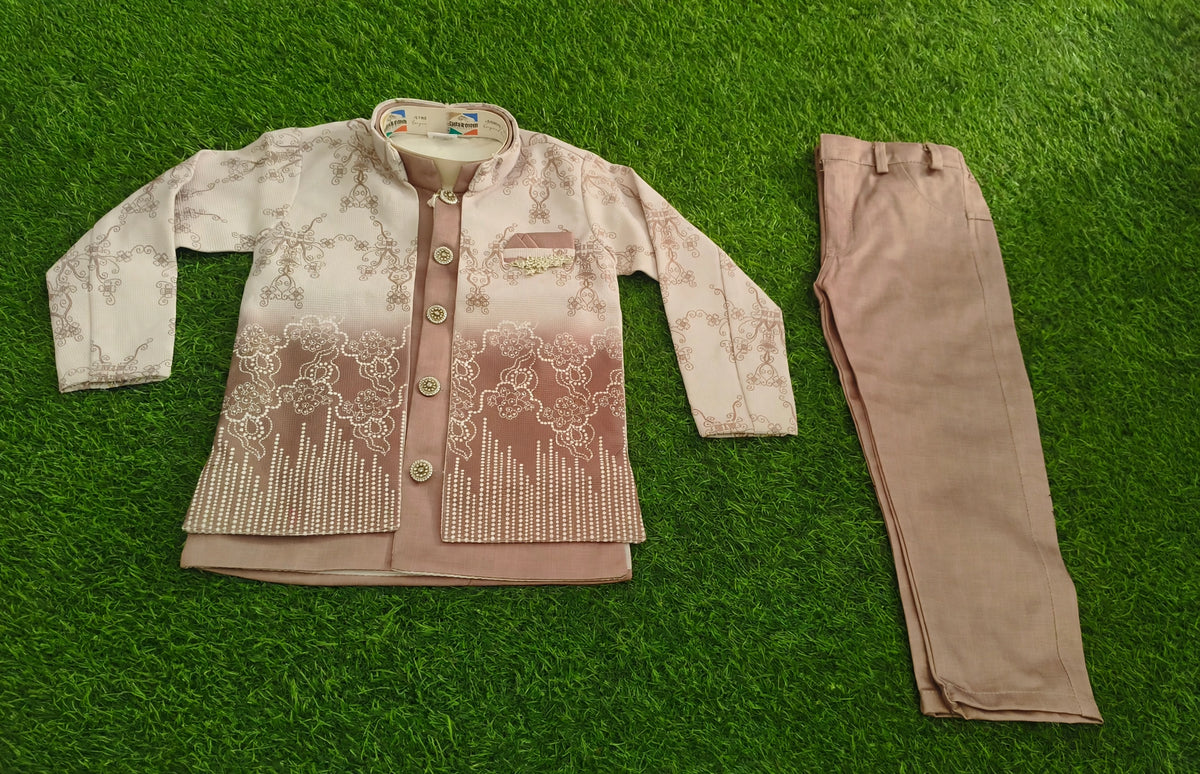 Boys Beige & Brown Printed Jacket with Light Brown Pant Party Wear Set