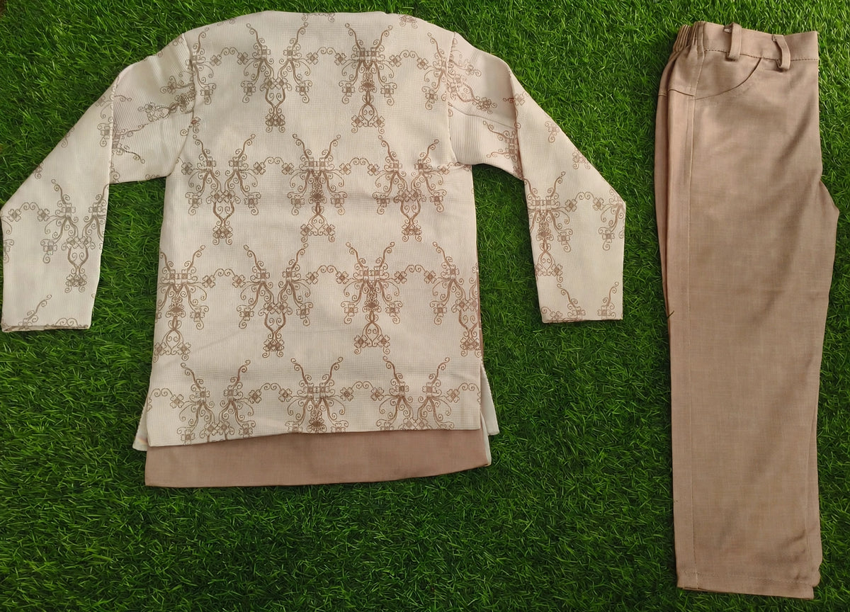 Boys Beige & Brown Printed Jacket with Light Brown Pant Party Wear Set