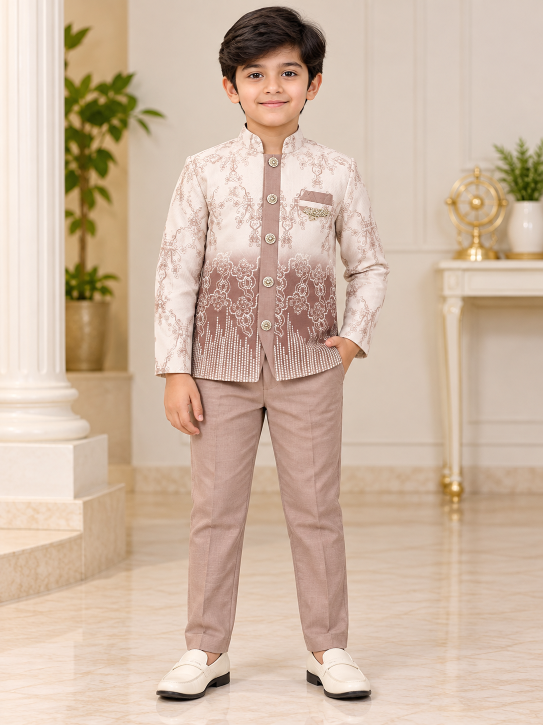 Boys Beige & Brown Printed Jacket with Light Brown Pant Party Wear Set
