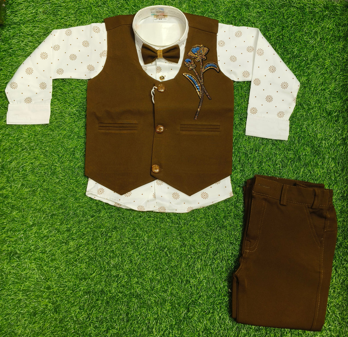 Boys Brown and White Rose Embroidered Vest Coat, Shirt, and Brown Elastic Waist Pant Set