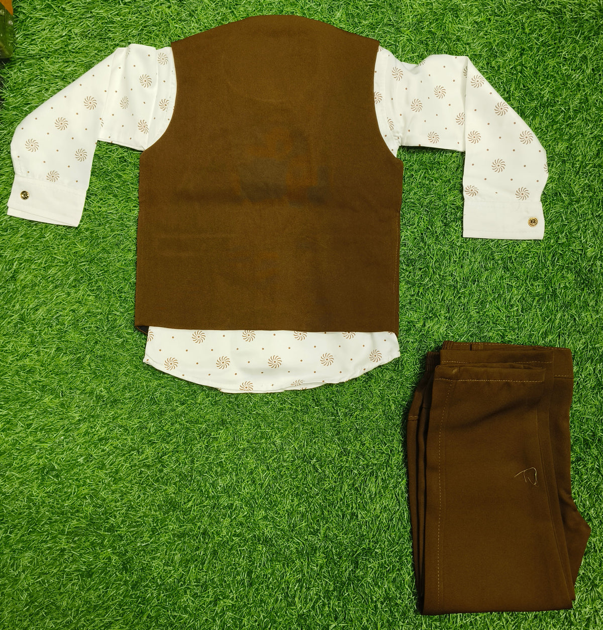 Boys Brown and White Rose Embroidered Vest Coat, Shirt, and Brown Elastic Waist Pant Set