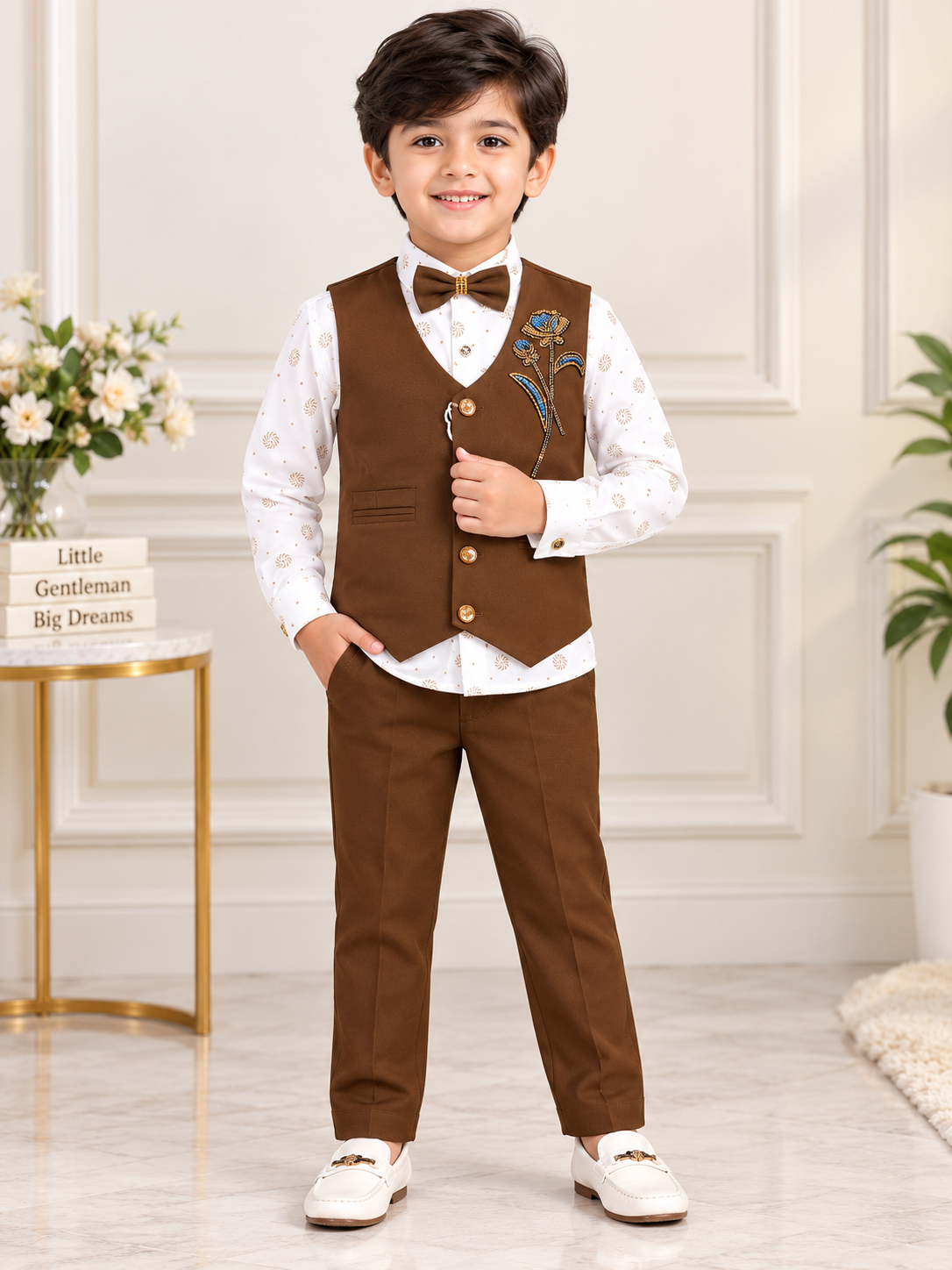 Boys Brown and White Rose Embroidered Vest Coat, Shirt, and Brown Elastic Waist Pant Set