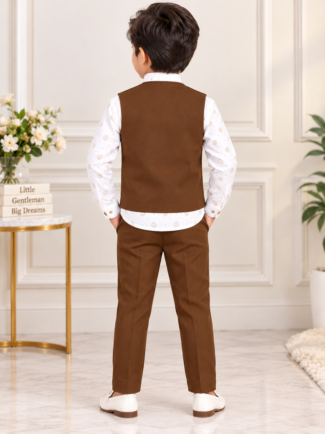 Boys Brown and White Rose Embroidered Vest Coat, Shirt, and Brown Elastic Waist Pant Set