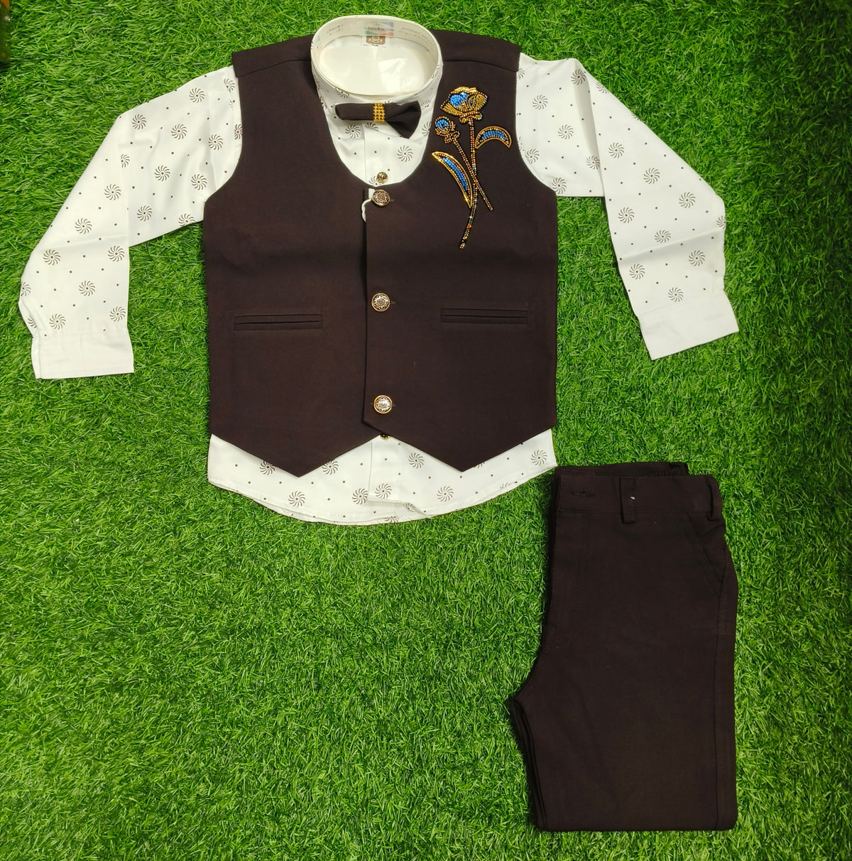 Boys Dark Brown and White Rose Embroidered Vest Coat, Shirt, and Dark Brown Elastic Waist Pant Set