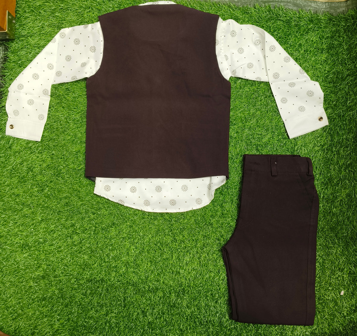 Boys Dark Brown and White Rose Embroidered Vest Coat, Shirt, and Dark Brown Elastic Waist Pant Set