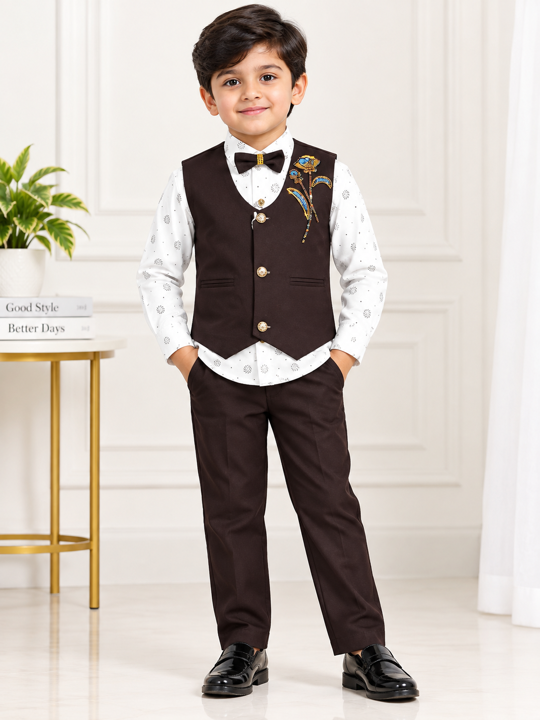 Boys Dark Brown and White Rose Embroidered Vest Coat, Shirt, and Dark Brown Elastic Waist Pant Set
