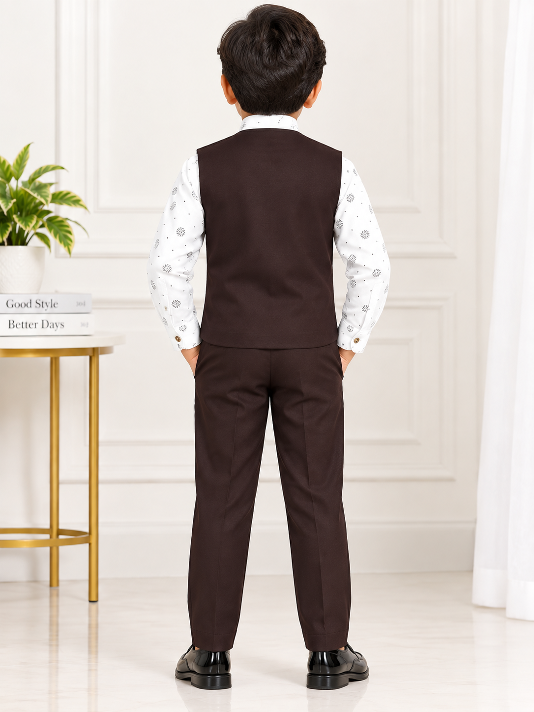 Boys Dark Brown and White Rose Embroidered Vest Coat, Shirt, and Dark Brown Elastic Waist Pant Set