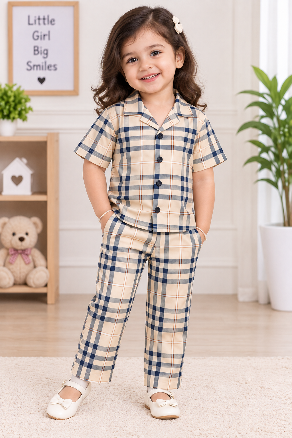 Kids Dark Cream & Black Checkered Cuban Collar Half Sleeve Shirt & Elastic Waist Pant Co-ord Set
