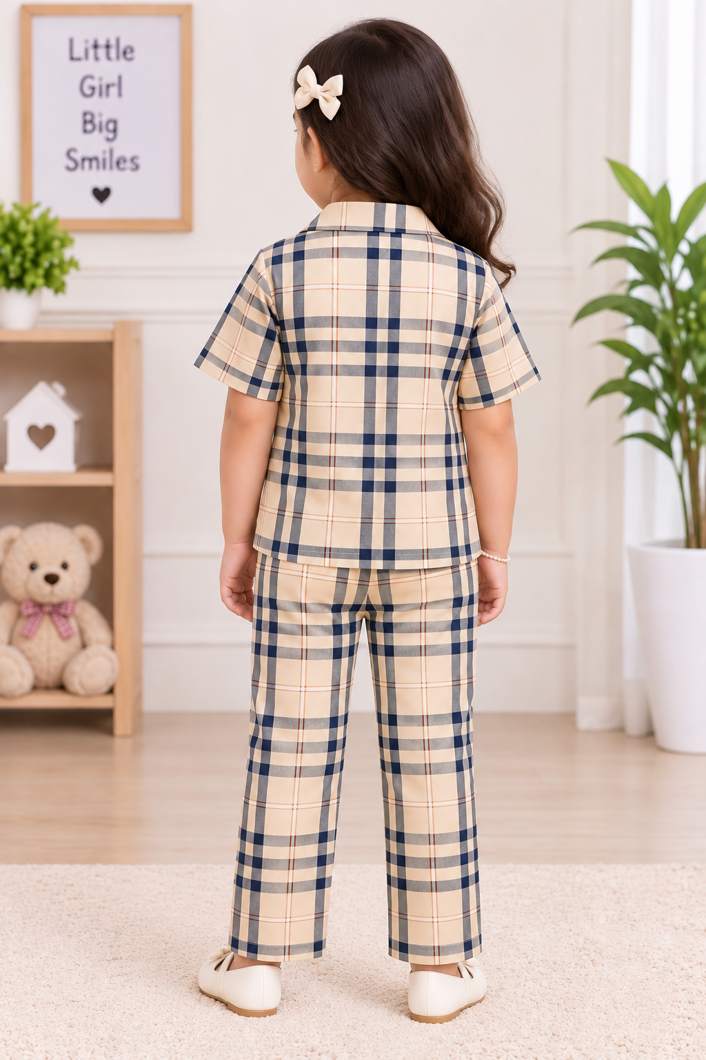 Kids Dark Cream & Black Checkered Cuban Collar Half Sleeve Shirt & Elastic Waist Pant Co-ord Set