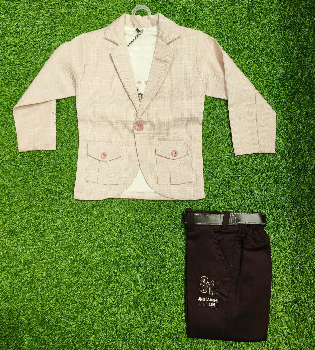 Boys Beige Blazer and Dark Brown Elastic Waist Pant Set