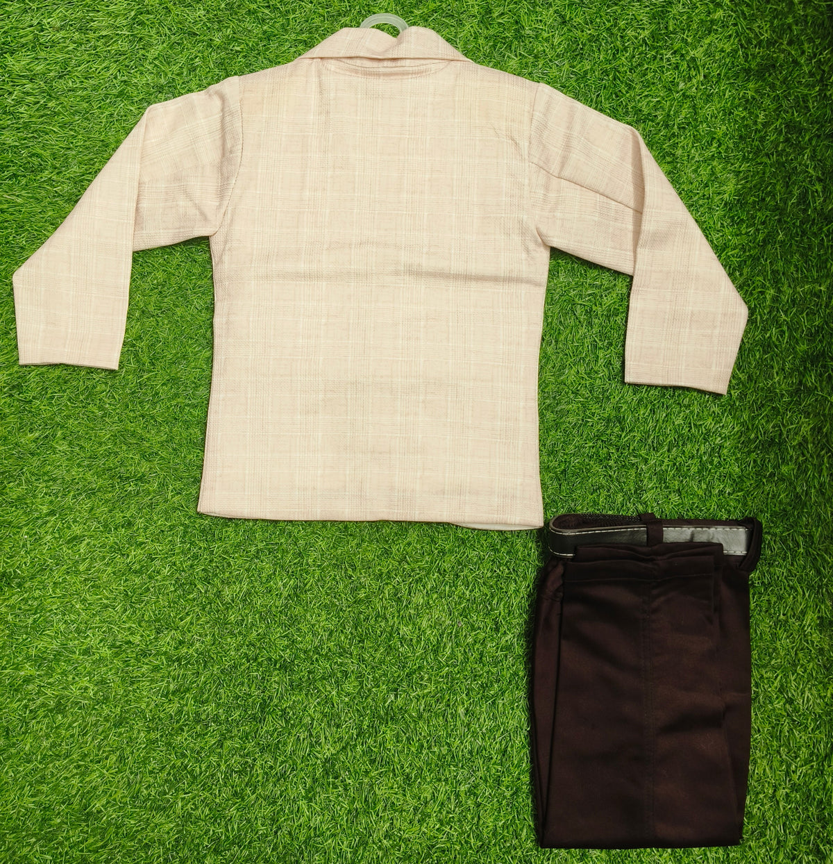 Boys Beige Blazer and Dark Brown Elastic Waist Pant Set