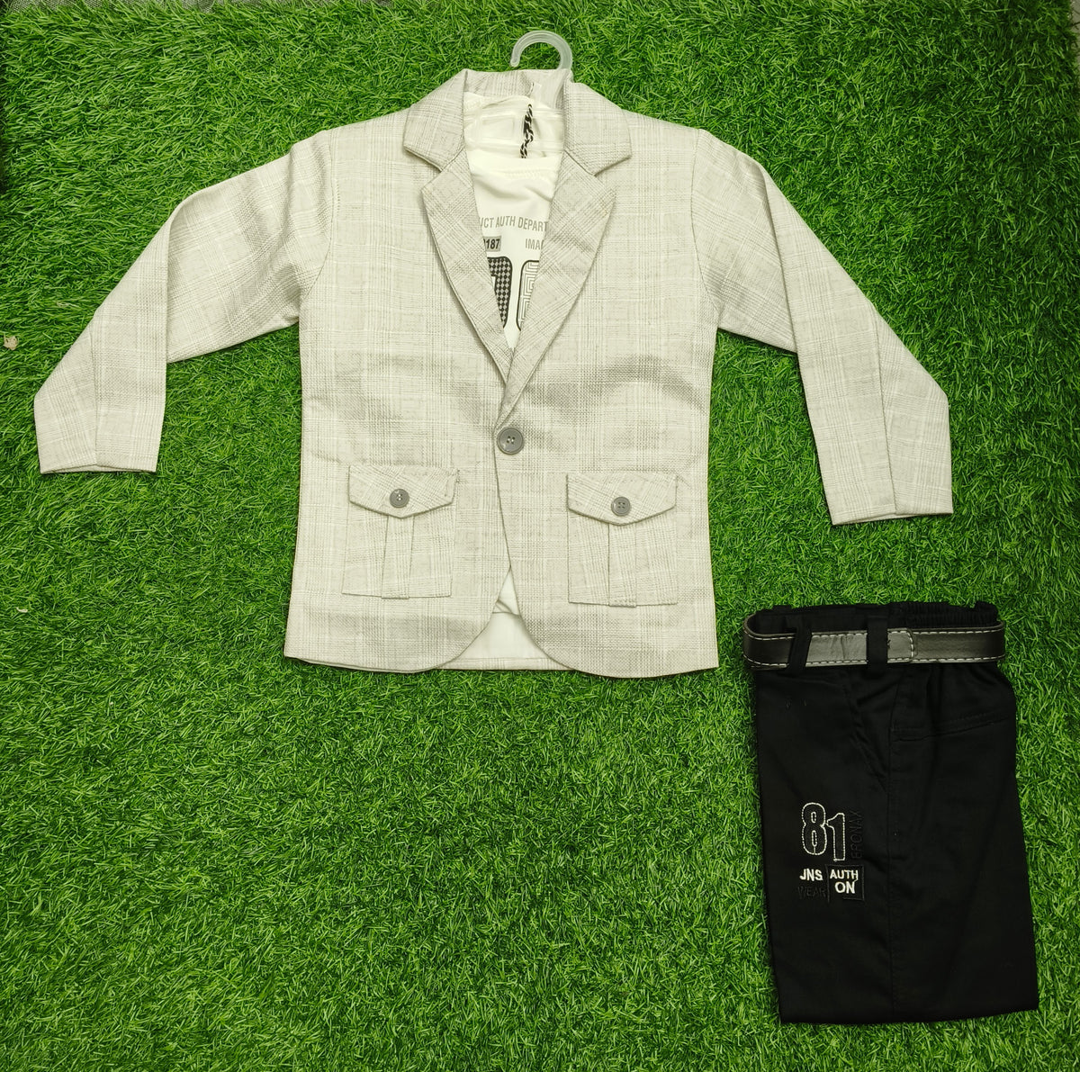 Boys Light Grey Blazer and Black Elastic Waist Pant Set