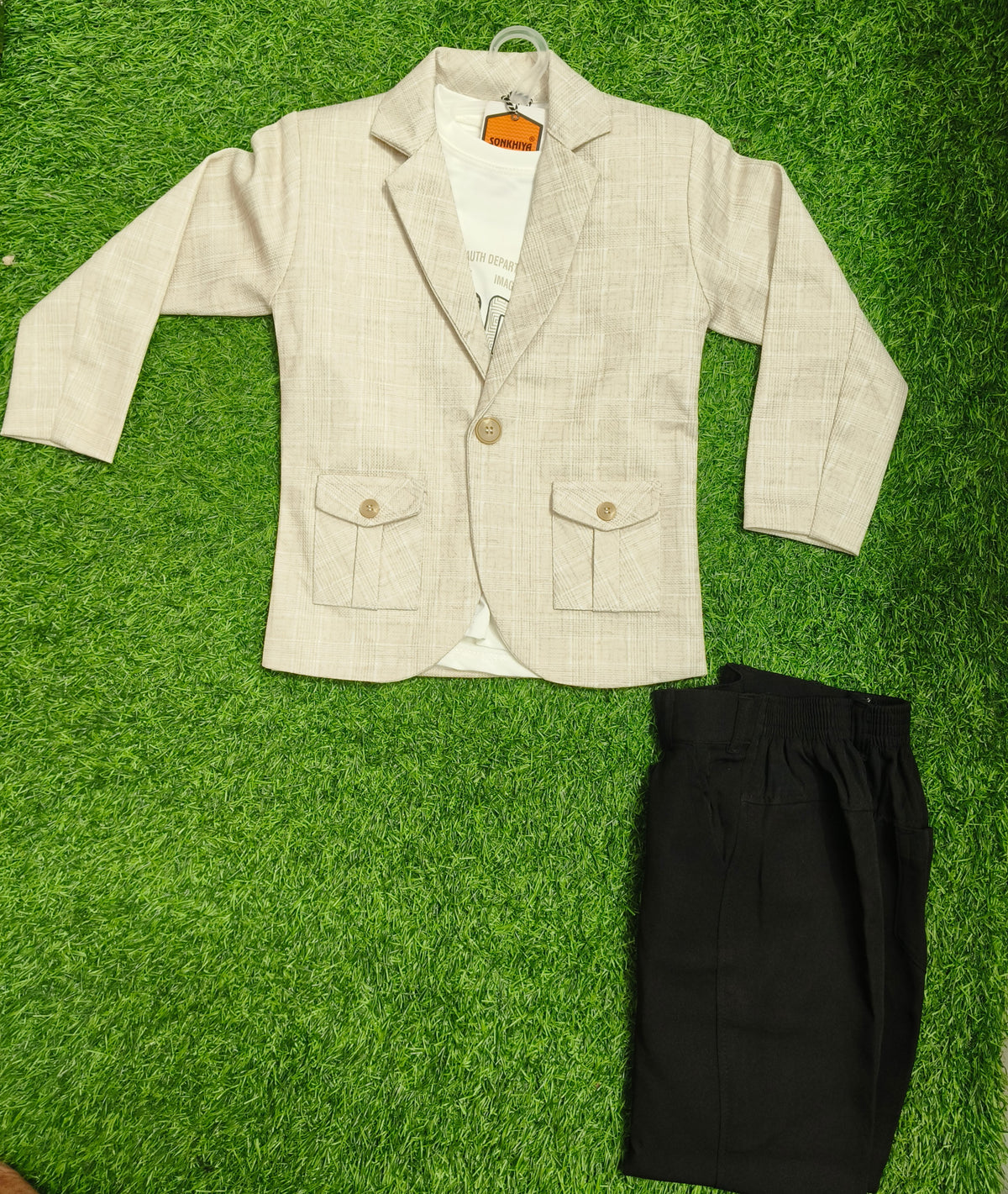 Boys Beige Blazer and Black Elastic Waist Pant Set