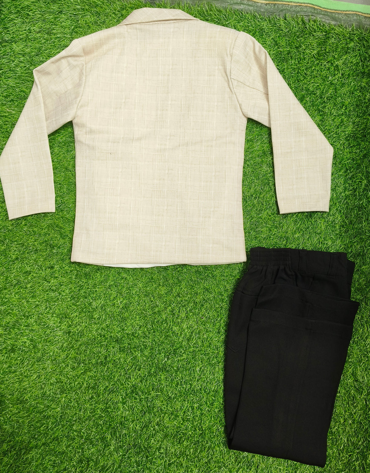 Boys Beige Blazer and Black Elastic Waist Pant Set