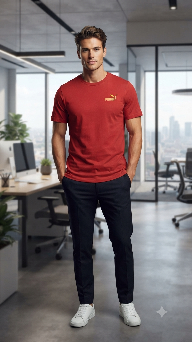 PUMA Men’s Red Embroidered Logo Round Neck T-Shirt