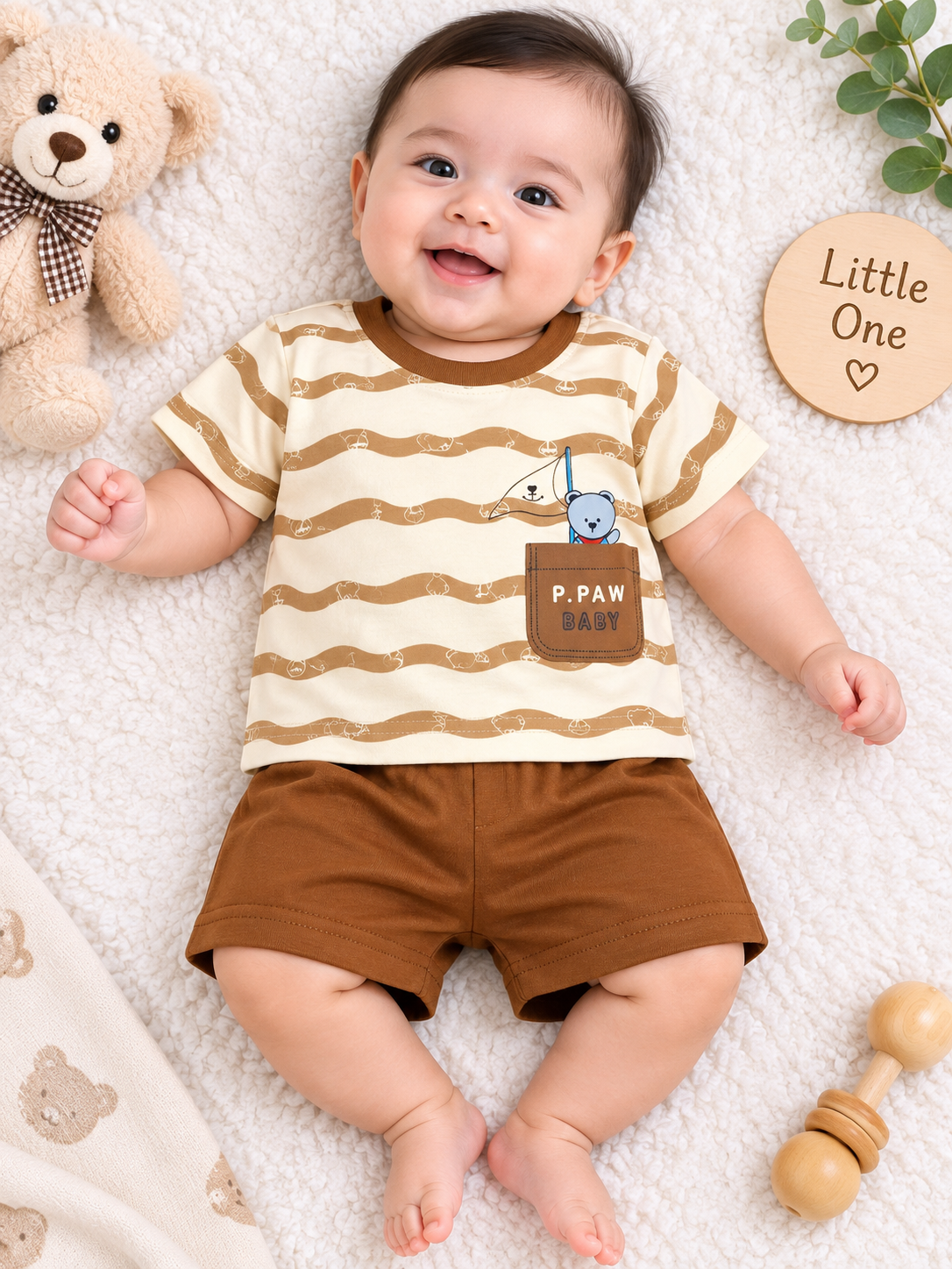 Toddler Boy's Off-white top with brown Wavy Striped T-Shirt and Short