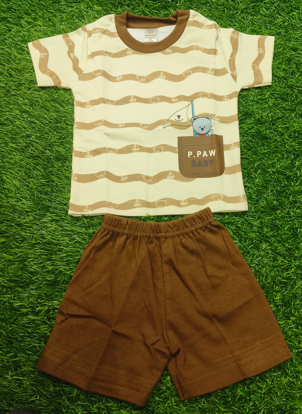 Toddler Boy's Off-white top with brown Wavy Striped T-Shirt and Short