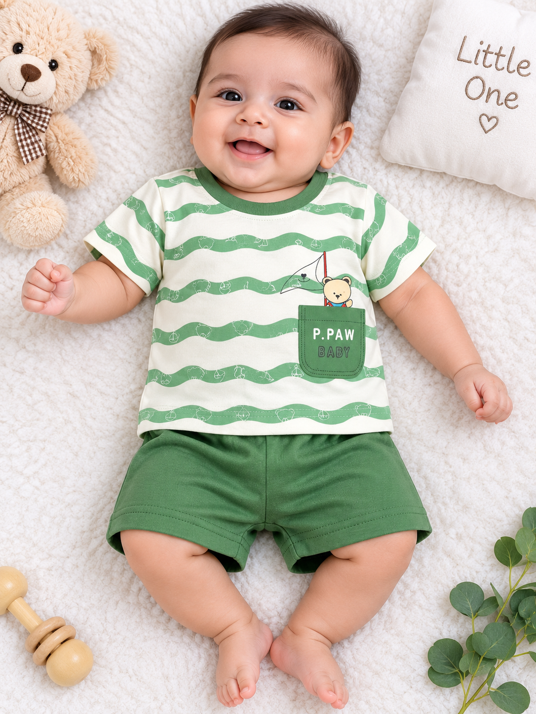 Toddler Boy's Off-white top with green Wavy Striped T-Shirt and Short Set