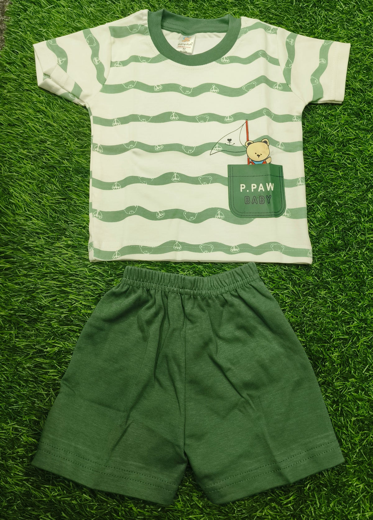 Toddler Boy's Off-white top with green Wavy Striped T-Shirt and Short Set