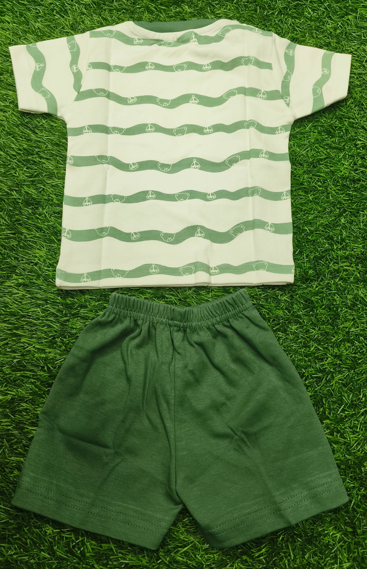 Toddler Boy's Off-white top with green Wavy Striped T-Shirt and Short Set