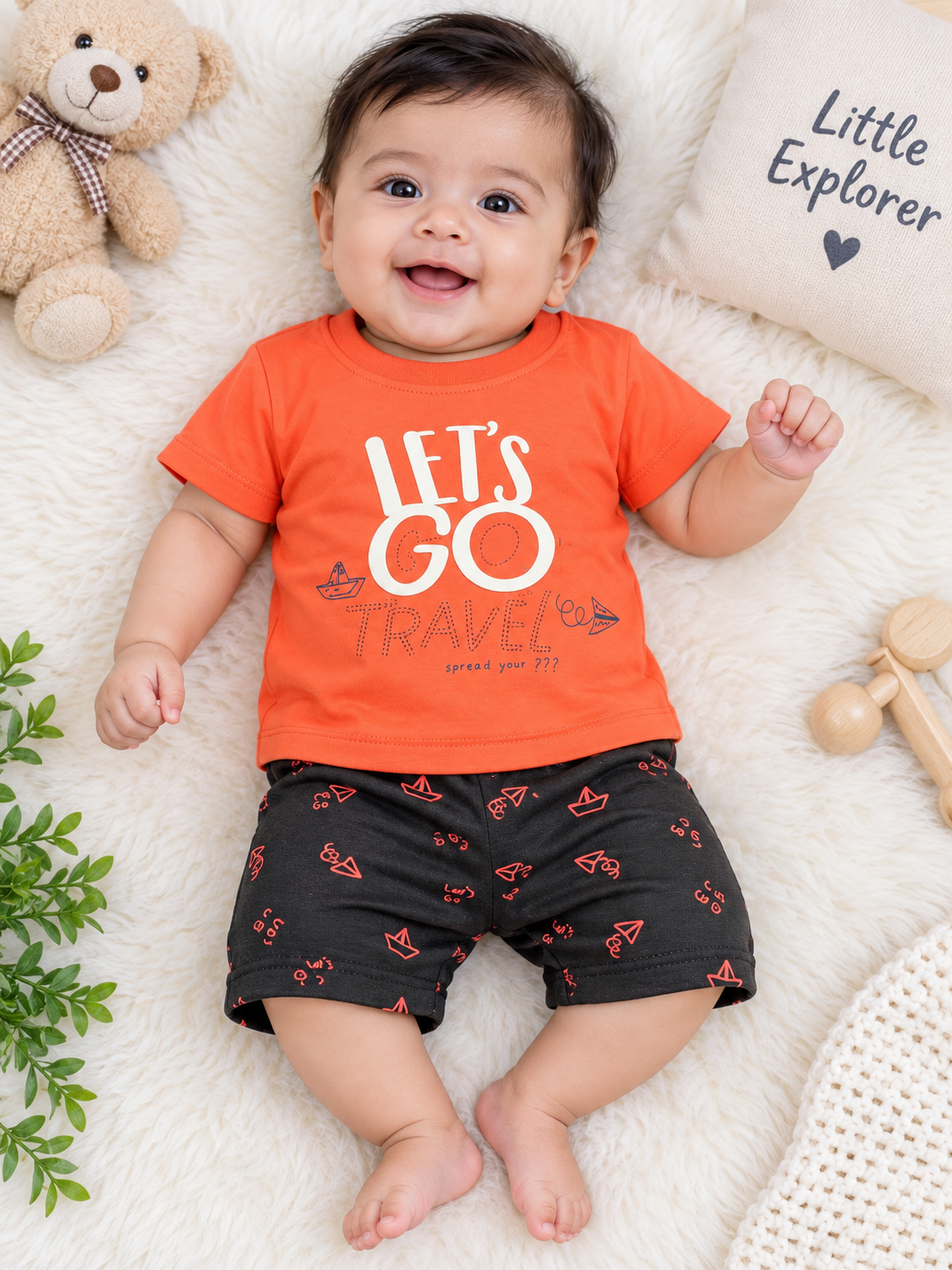 Toddler Boy's " Peach Orange Let's Go Travel" T-Shirt and Printed Short Set