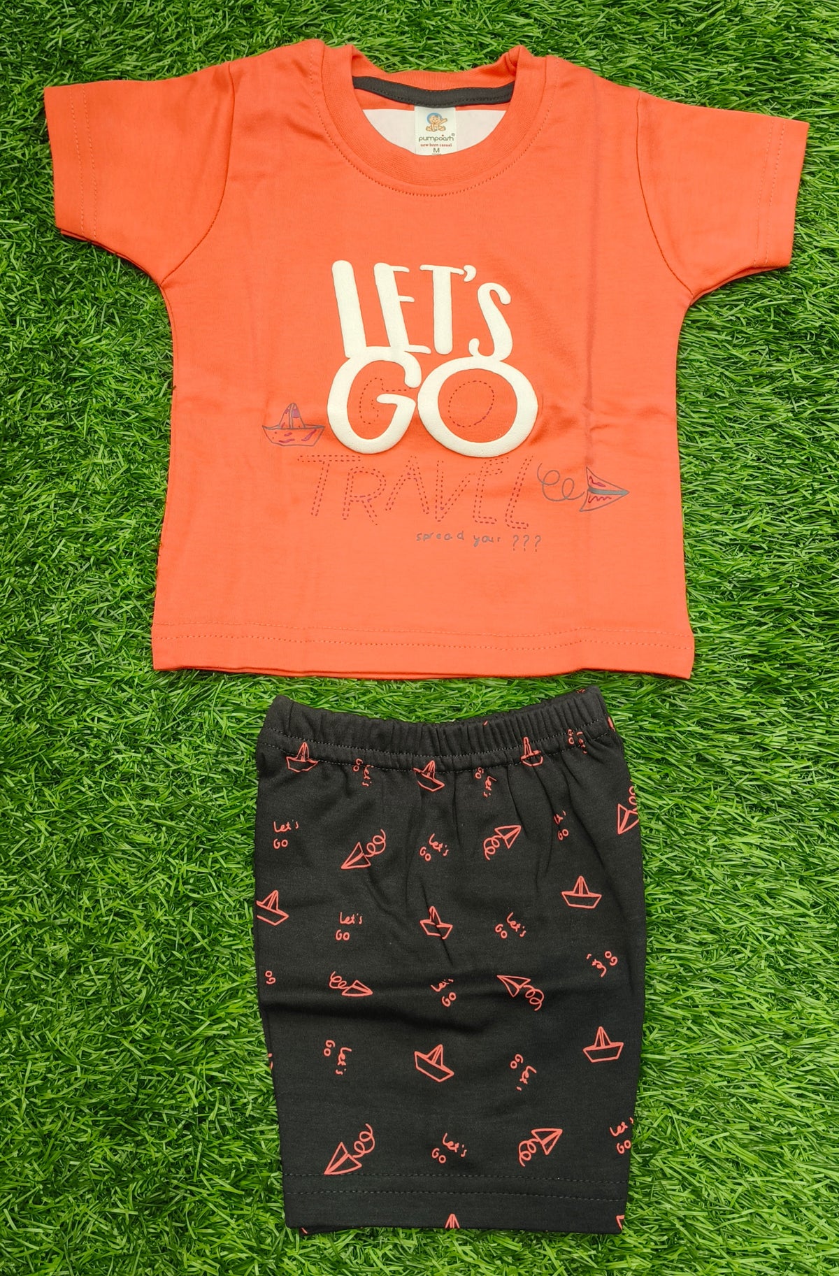Toddler Boy's " Peach Orange Let's Go Travel" T-Shirt and Printed Short Set